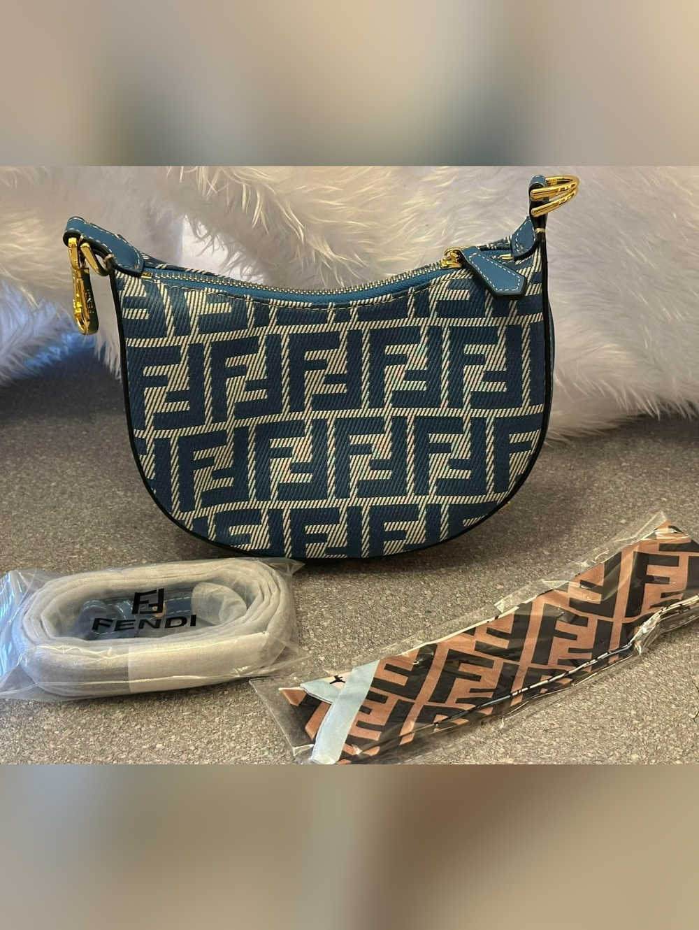 Blue FF Jacquard Crescent Shoulder Bag with Gold Hardware